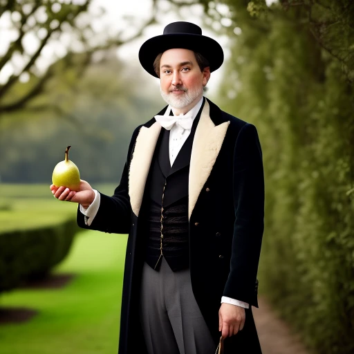 Aristocrat going with a pear in his hand...