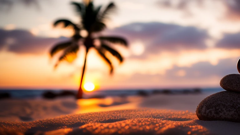 snowman , beach at sunset with palm tree