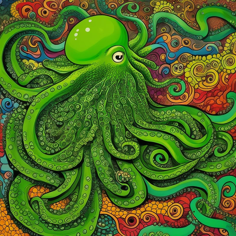 A green octopus plays a piano.
