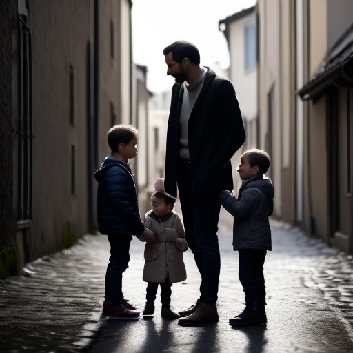 Un homme avec ses deux fils dans une rue...