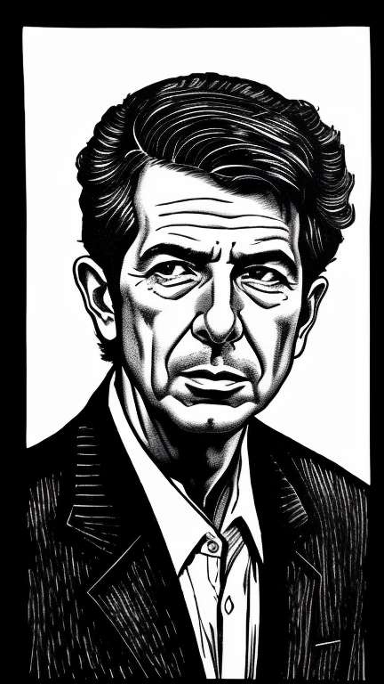 Leonard Cohen portrait, linocut ink styl...