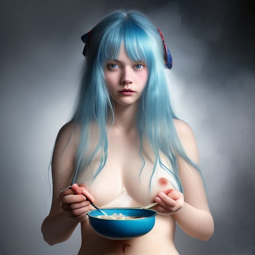 1girl,blue hair,solo,food,noodles,blue e...