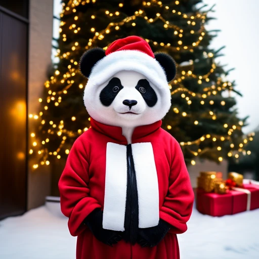 a panda bear with st. claus costume near...
