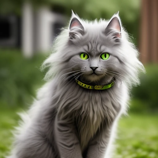 gray fluffy cat with green and yellow ey...