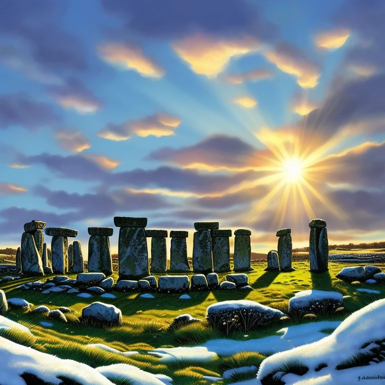 Stonehenge on grass in winter solstice, ...