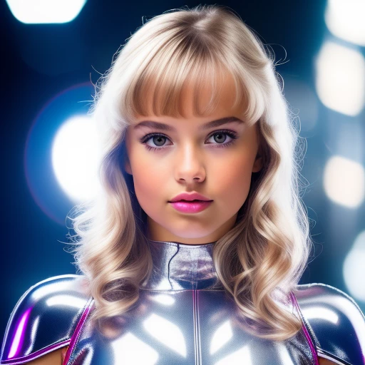A young girl in sexy chrome metal costum...