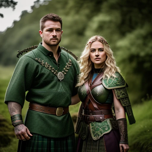 Irish Celtic male and female warriors wi...