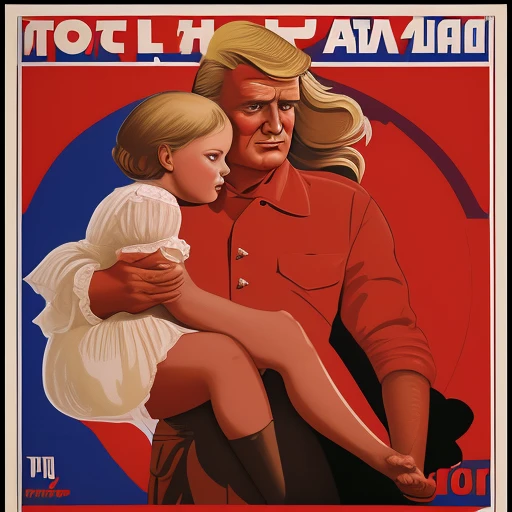 soviet poster, Trump holds a girl in his...