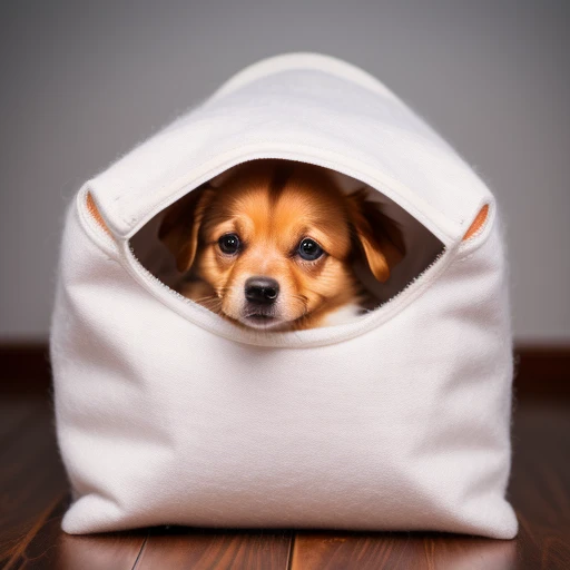 little pet dog in white wool bag four le...