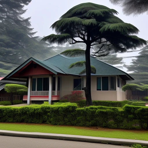 A pine tree in front of a bungalow.