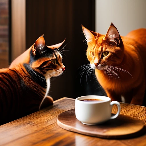 red cat and black cat drink coffee
