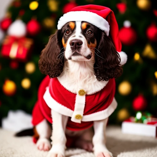 Springer spaniel dog with santa clothes