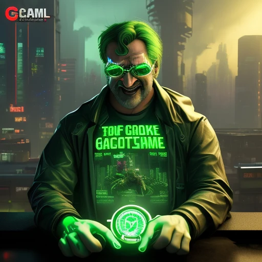 Cyberpunk Gabe Newell, bright green text...