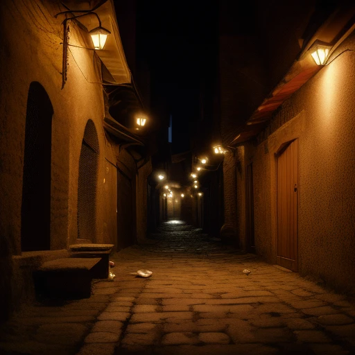 an alley of a medieval town at night wit...