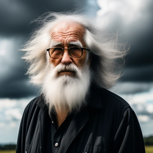 old man with a lot of hair looks at clou...