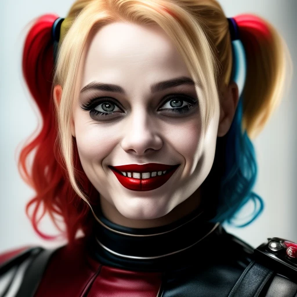 Harley Quinn, realistic, psychopath smil...