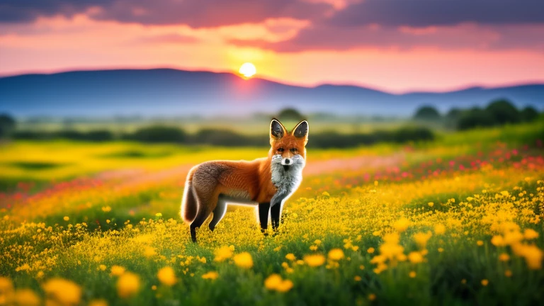 fox in flowers at sunset
