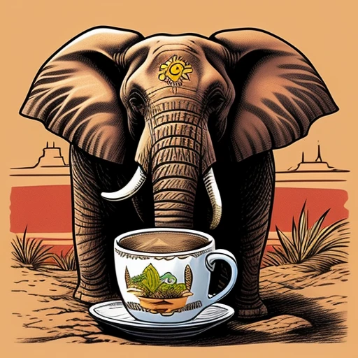 a elephant, his trunk is into a cup of c...