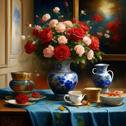 still life with roses in a blue ming chi...