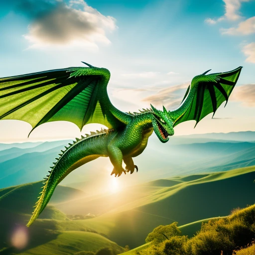 radiant green dragon in flight, view fro...