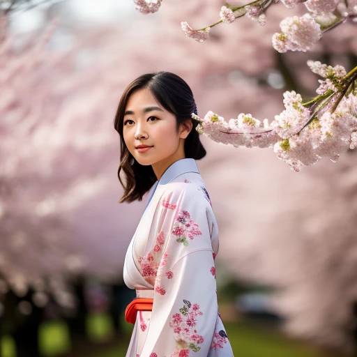 A Japanese girl in a kimono admiring the...