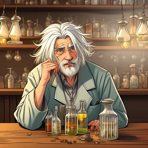 a ugly, crazy chemist, white haired, wit...