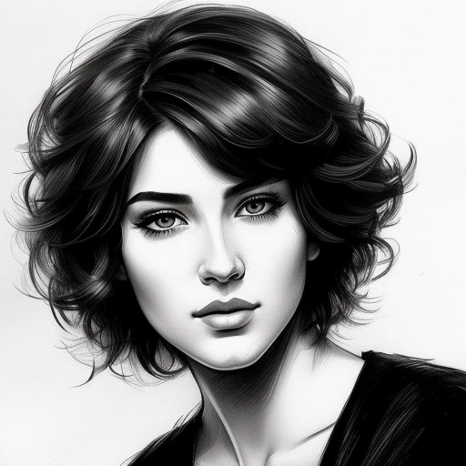 hand sketched, girl portrait short hair,...