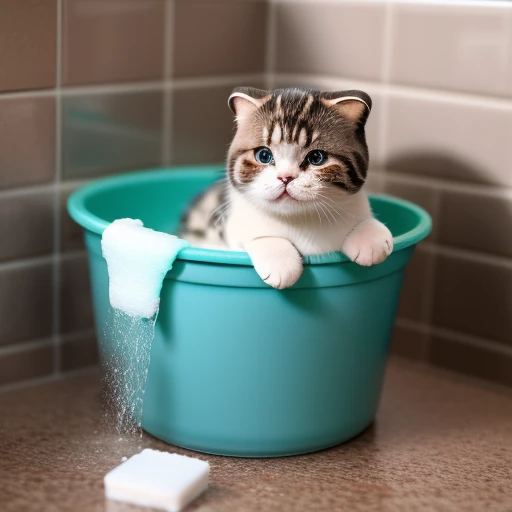 Scottish fold cat washing in pot with so...