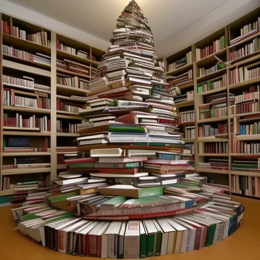 christmas tree made with many books