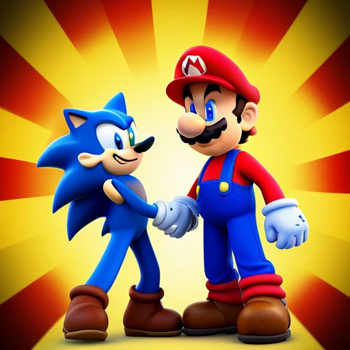 Super Mario and Sonic shaking hands, car...