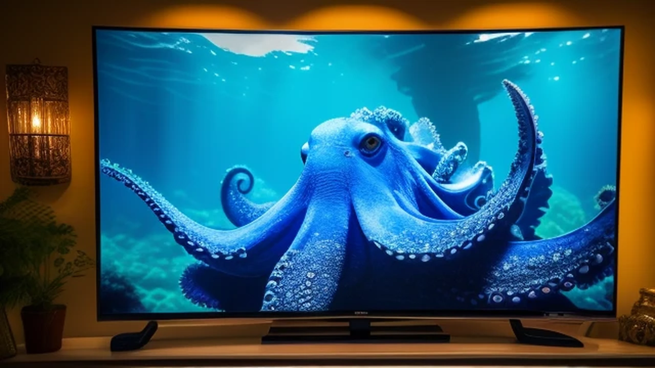 We see an old blue octopus watching TV. ...